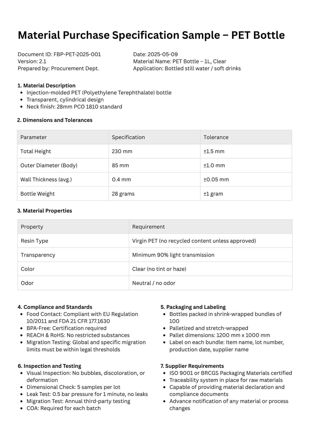 Material Purchase Specification Sample