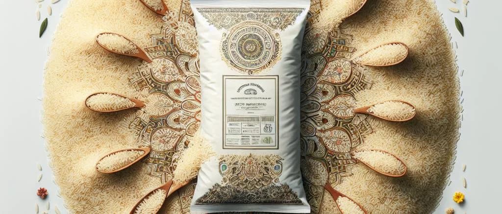 Assorted medium grain rice variations with elegant packaging on a wooden background