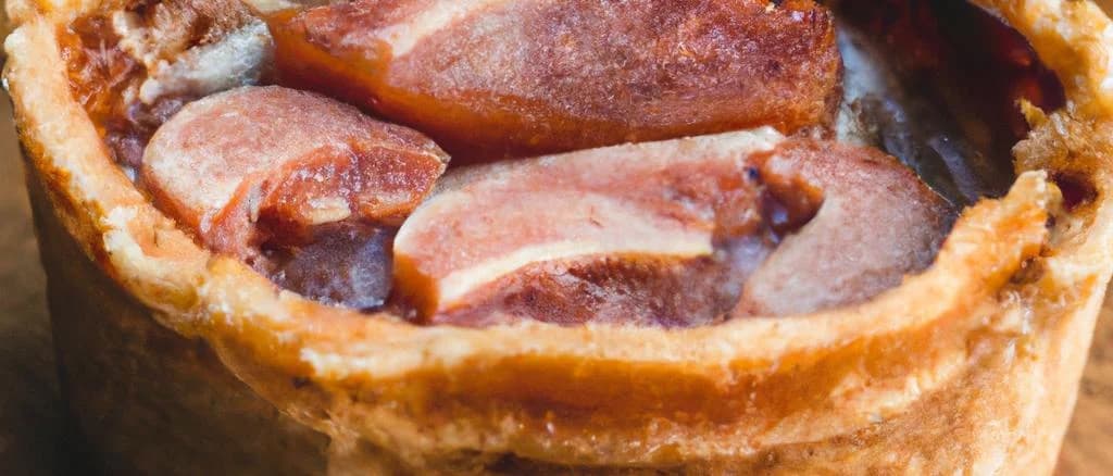 Melton Mowbray Pork Pie with various packaging on wooden background