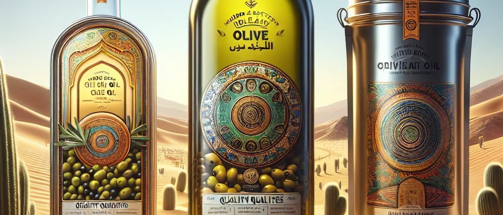 variety of Middle Eastern olive oil bottles with desert landscape background