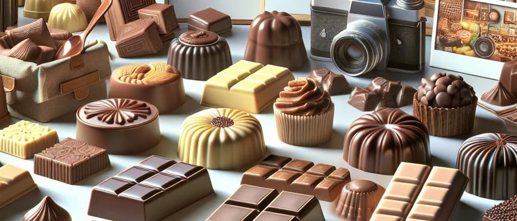 Assorted milk chocolate candy variations on wooden table