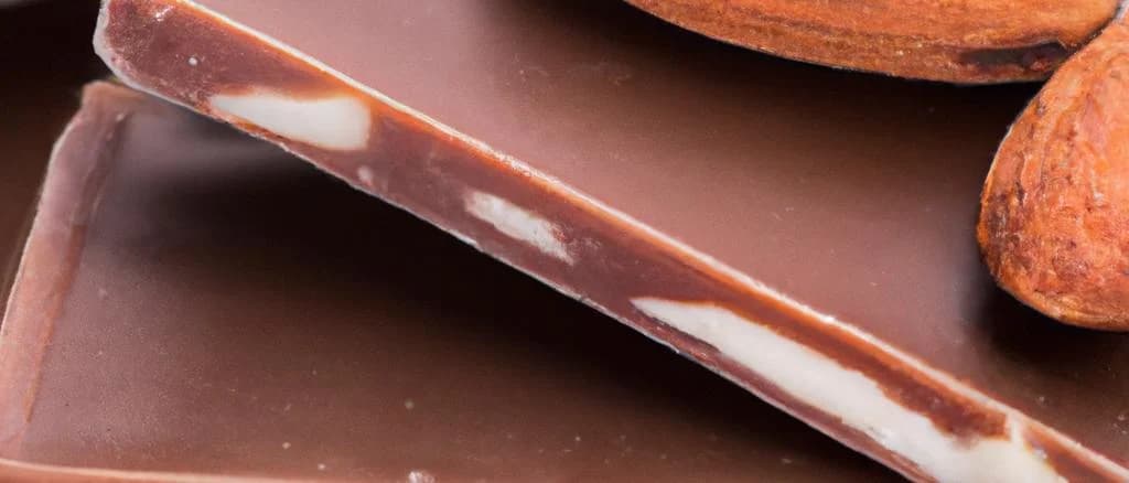 Assorted milk chocolates with almonds on a wooden table, showcasing various packaging options.
