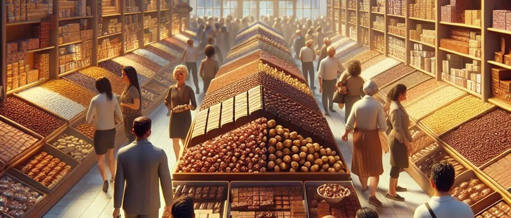 assortment of milk chocolates with hazelnuts in elegant packaging on a wooden background