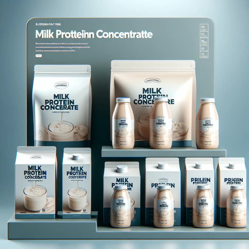 milk protein concentrate packaging in bulk and retail formats on a clean white background