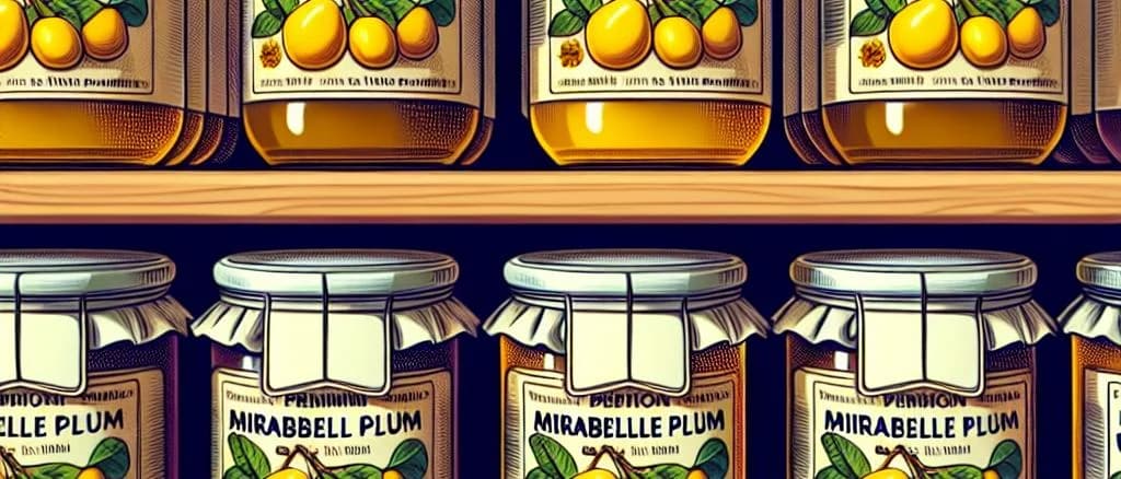 Assorted Mirabelle Plum Jams in various packaging with minimalistic rustic backgrounds