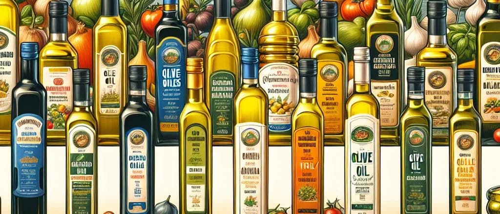 assortment of mixed vegetable oil bottles with varied packaging on a wooden surface