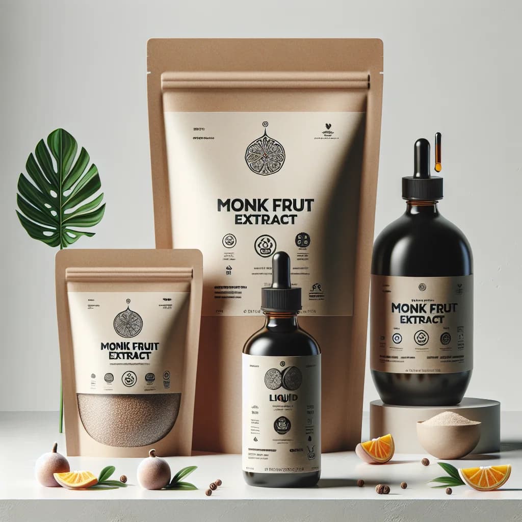 monk fruit extract variations in premium packaging for B2B buyers, showcased with eco-friendly labels and minimalistic design