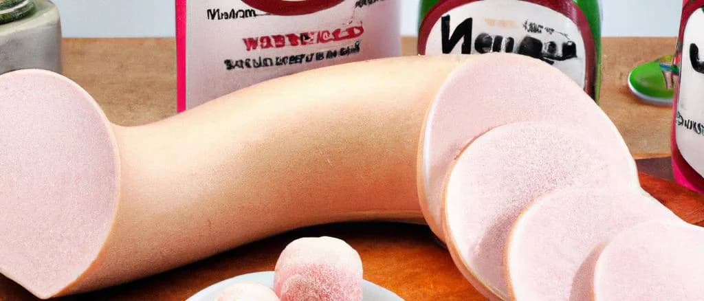 Three variations of Mortadella Pure Pork with different packaging in a deli setting