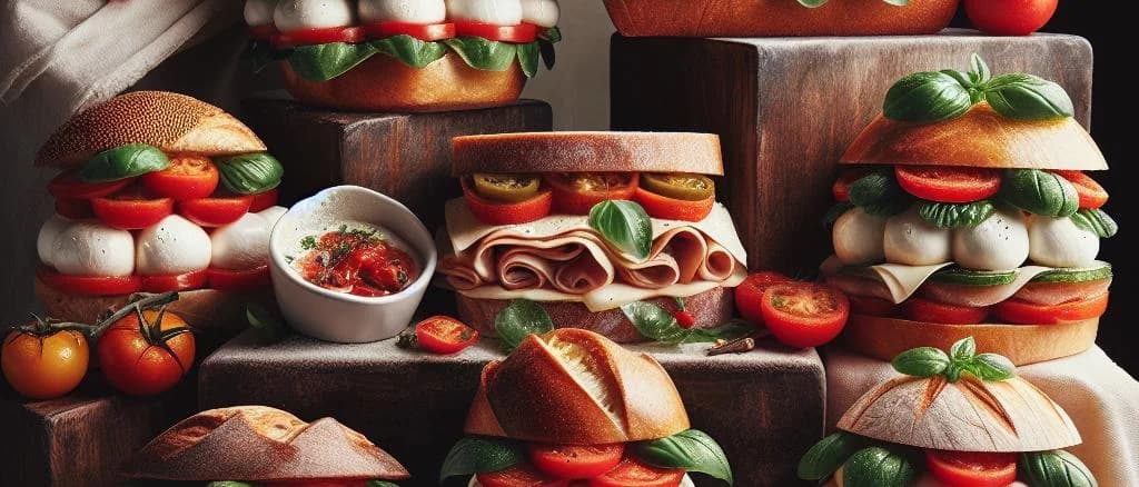 A variety of mozzarella sandwiches showcasing diverse bread types and fillings on a wooden platter
