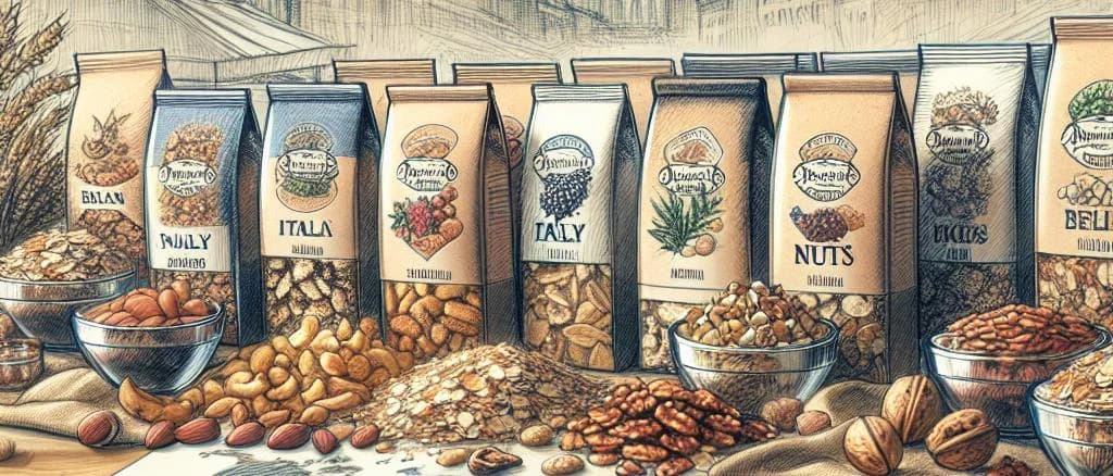 assorted varieties of packaged nut-infused mueslis on a wooden table with a natural background