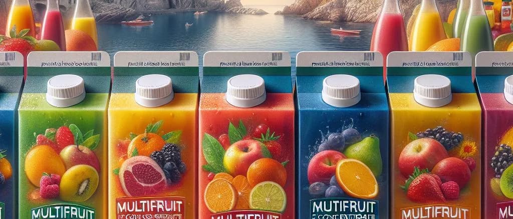 Diverse multifruit juices in glass bottles on a wooden table