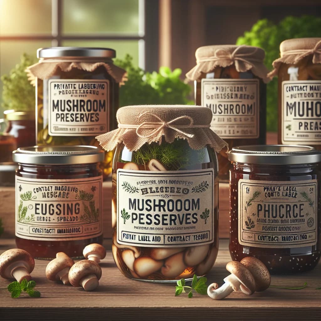 assorted mushroom preserves in jars with rustic packaging on a wooden table with different varieties, ideal for bulk and wholesale buyers