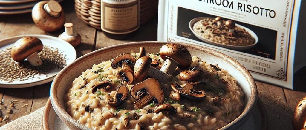 Elegant assortment of mushroom risotto packaging variations on wooden background