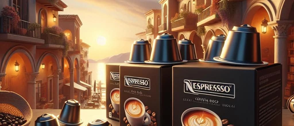 Nespresso-compatible coffee capsules with various packaging styles on a wooden table