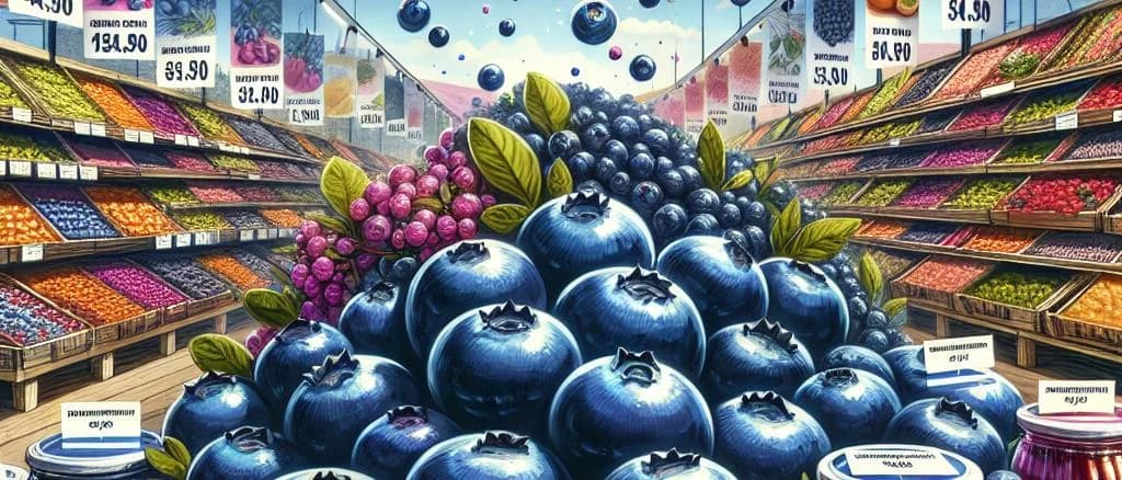 Varieties of packaged Northern Highbush Blueberries on wooden background