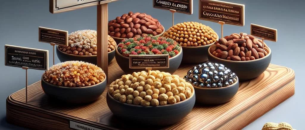 assorted nut confectionery variety featuring pralines, chocolate-covered nuts, and nut clusters on a wooden table