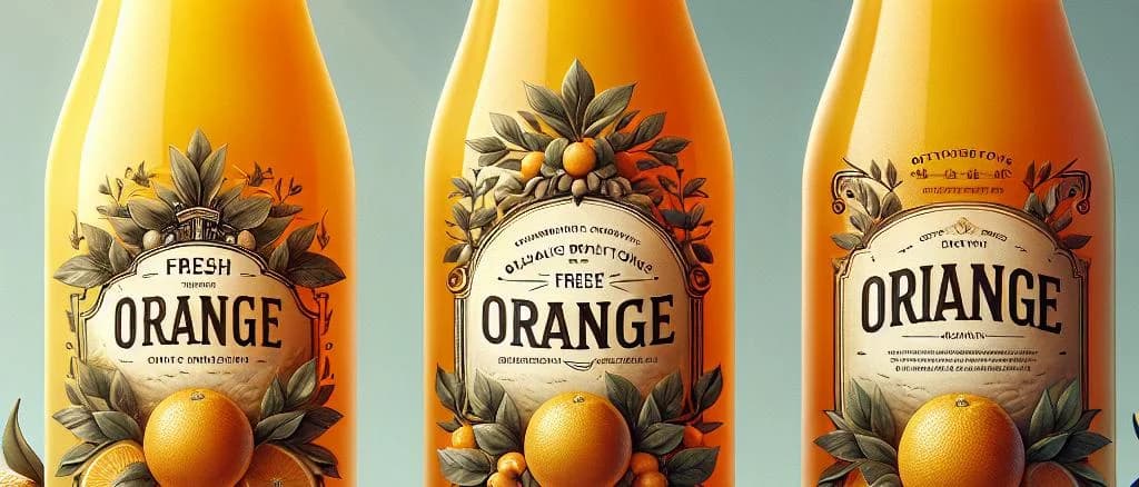 variety of orange juice bottles without pulp on a wooden shelf with vibrant oranges in the background