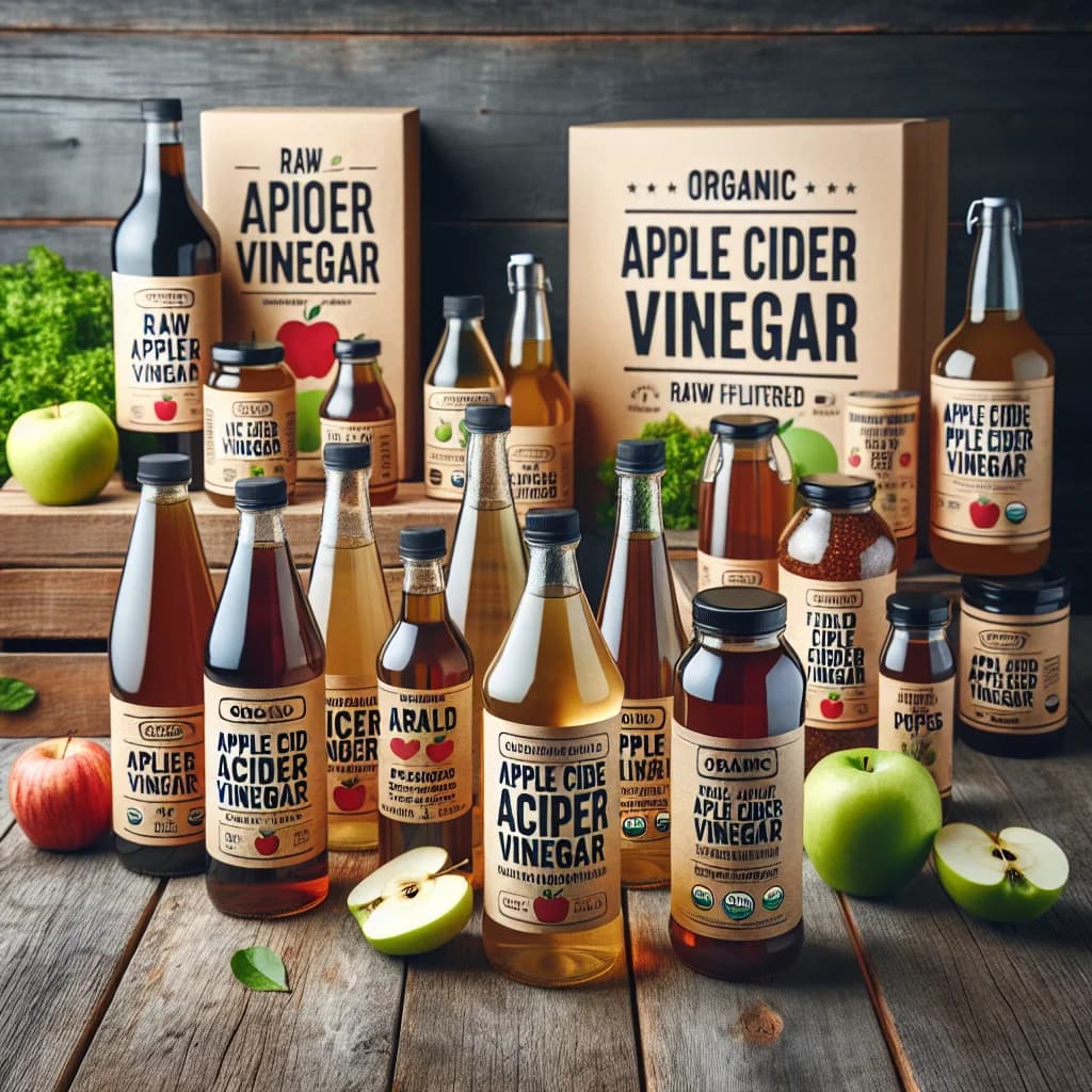 variety of organic apple cider vinegar bottles on a wooden background with natural elements