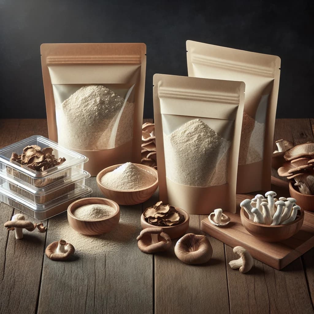Organic Oyster Mushroom Powder in eco-friendly packaging with bulk and private label options on a rustic wooden surface