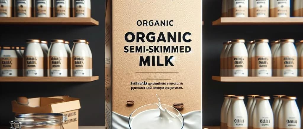 Assorted organic semi-skimmed milk cartons with green and white branding on a wooden table