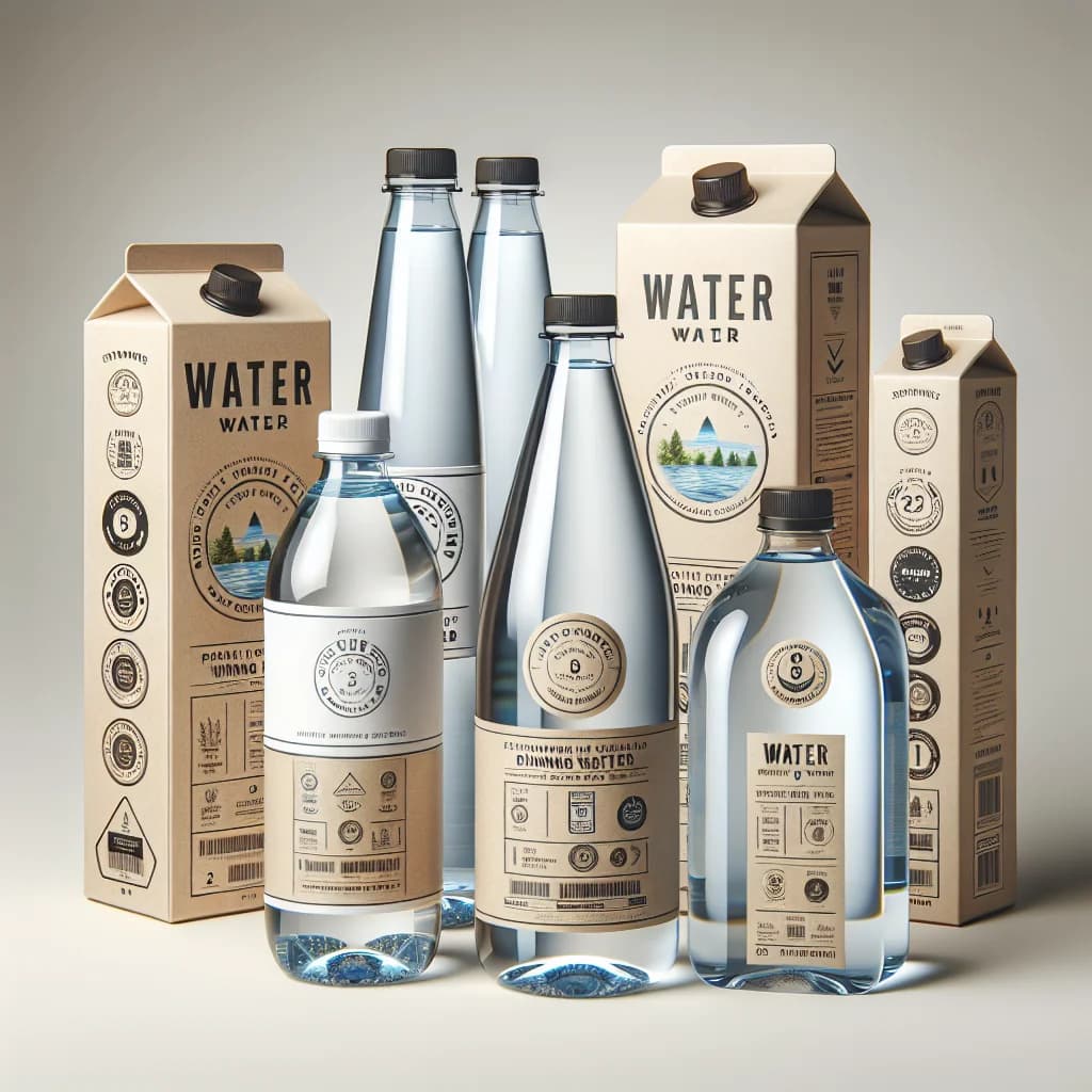 varied types of packaged drinking water bottles and cartons with clean labels on a minimalistic background