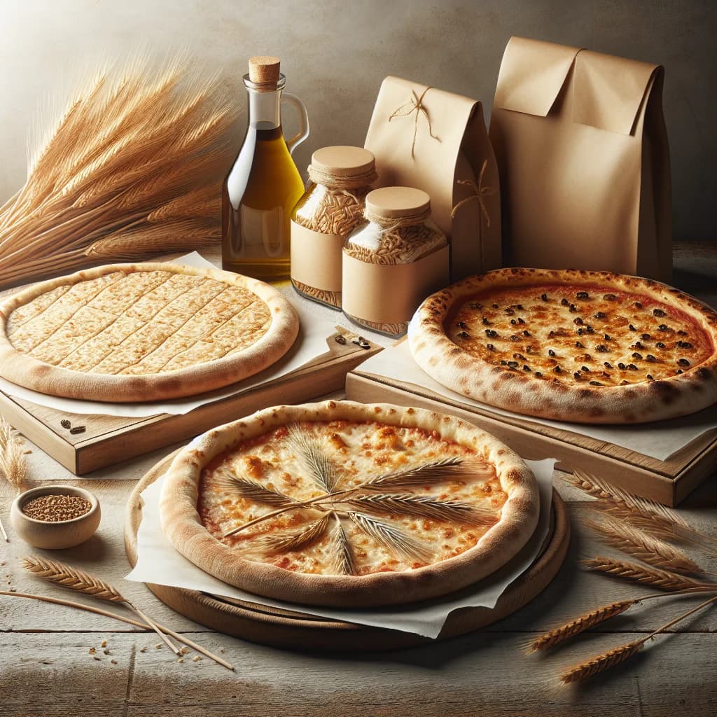 par baked pizza crust in bulk with variations of sizes and styles displayed on a wooden surface