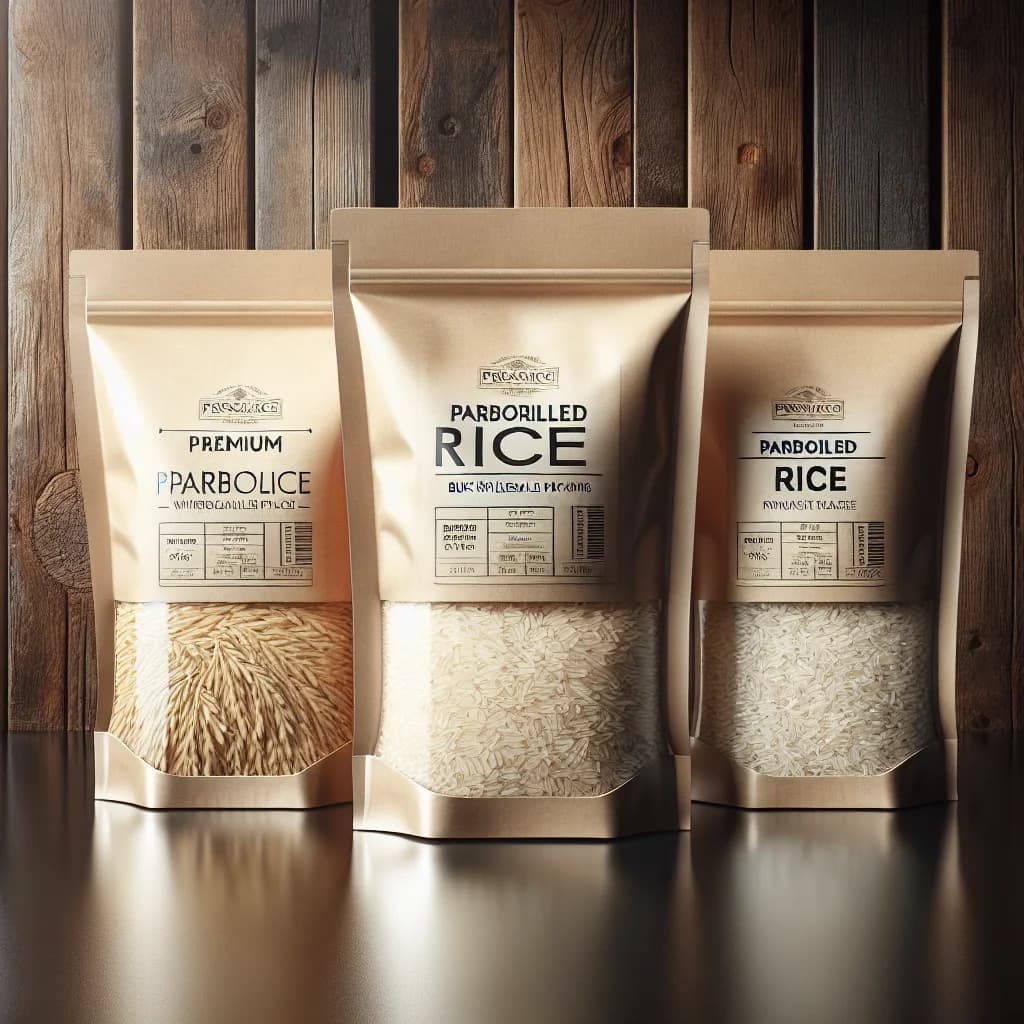 assortment of parboiled rice varieties in bulk packaging on a wooden background