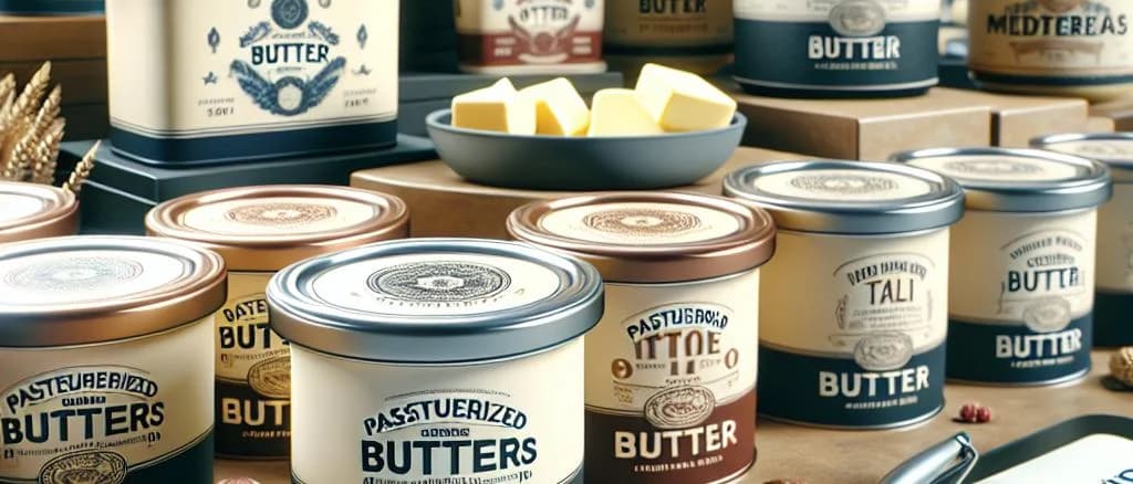 Various pasteurized butter products in appealing packaging on a rustic wooden surface