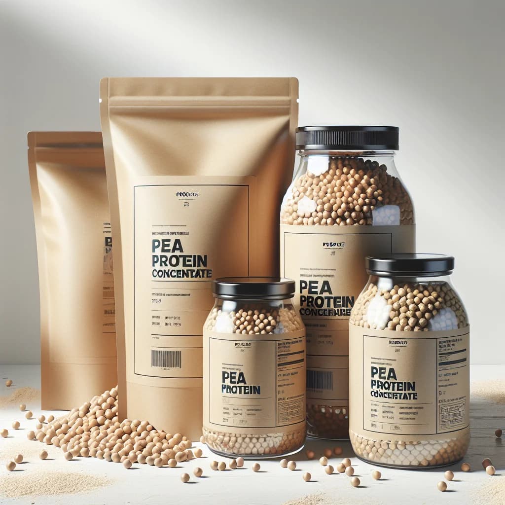 bulk pea protein concentrate packaging on a clean white background with various variations for sourcing and B2B buyers