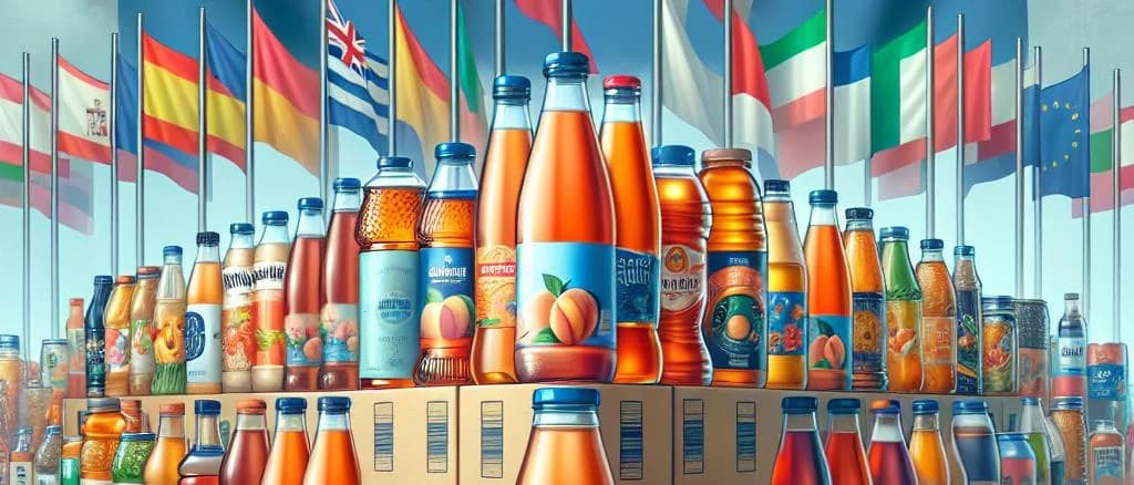 Peach flavored iced teas in various packaging on a vibrant background