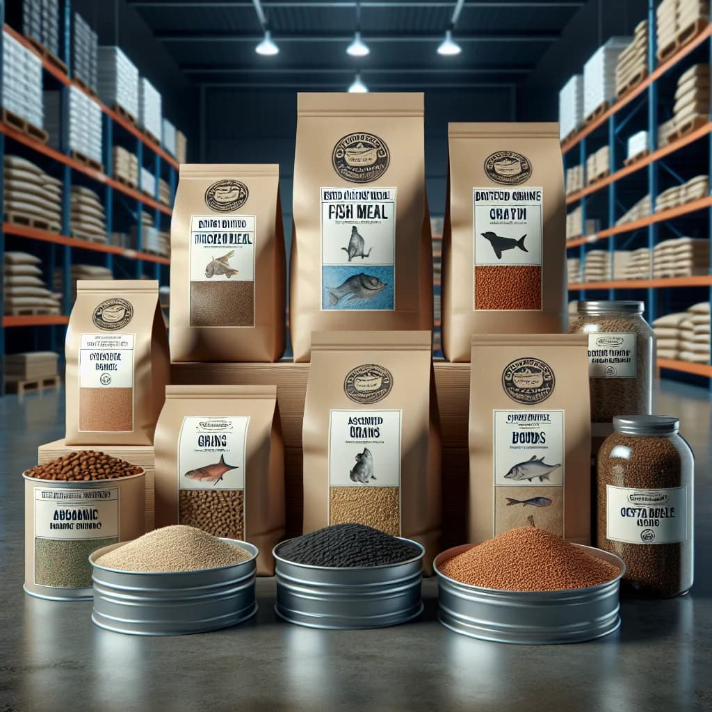 variety of high-quality pet food ingredients in bulk packaging on a clean background