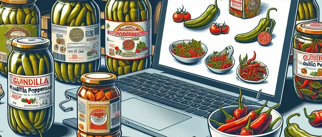 Assorted pickled Guindilla peppers in jars with branded labels on a rustic kitchen counter