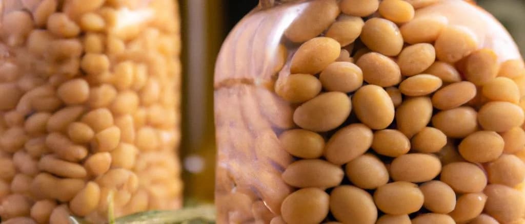 Assorted pickled lupin beans in glass jars with rustic background
