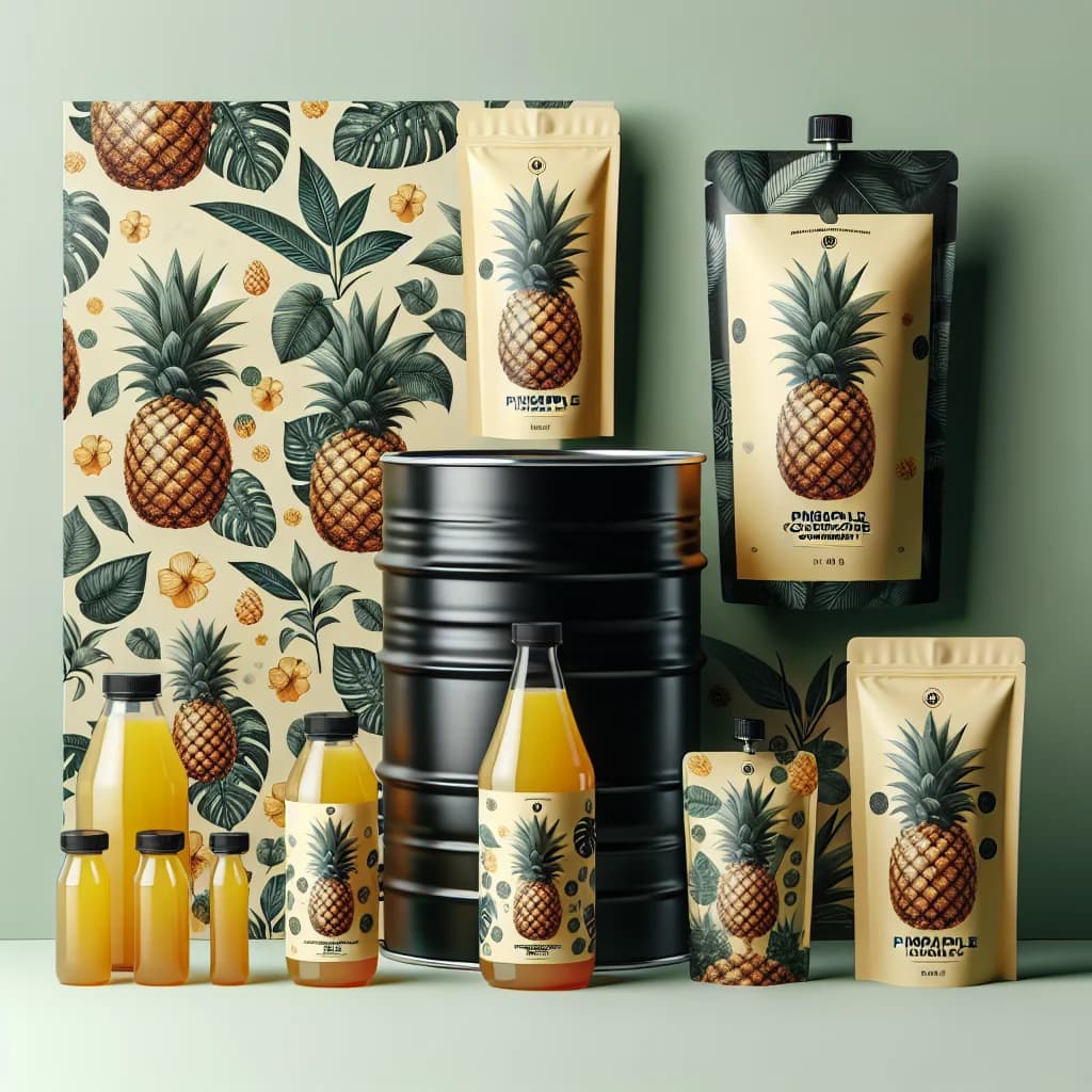 pineapple juice concentrate in bulk packaging with different variations on a subtle tropical background