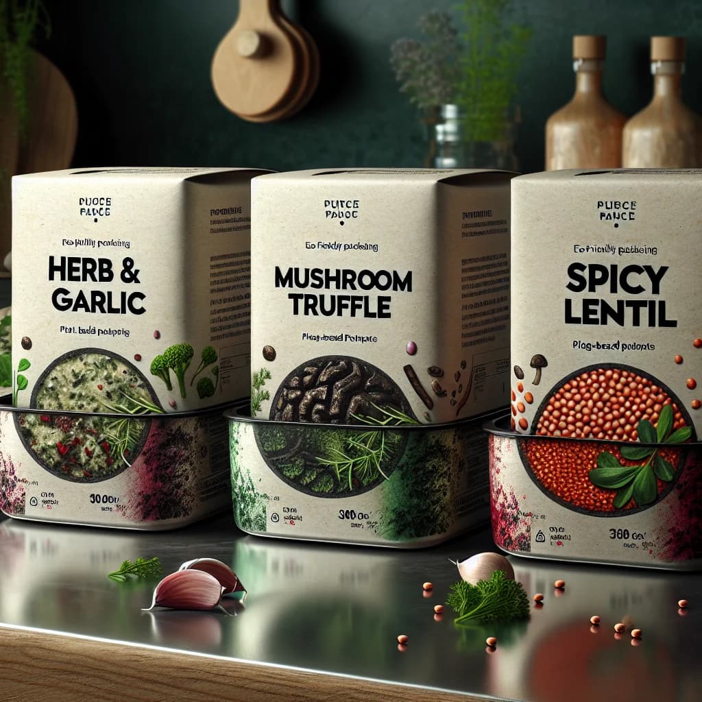 plant-based pâtés in bulk packaging with variations of flavors and natural ingredients