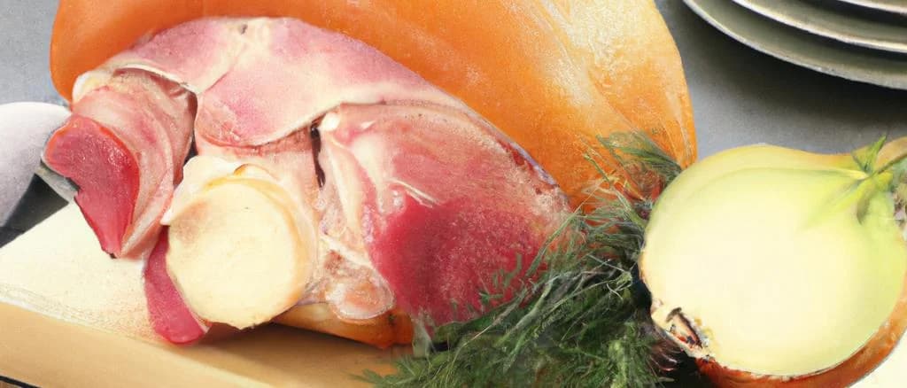 Three variations of pork knuckle of ham without rind, fat, or bone on a rustic wooden table