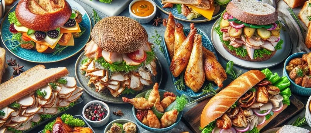assorted poultry sandwiches with various packaging on a wooden display