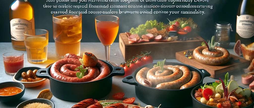 Various styles of poultry sausage arranged on a wooden board with colorful spices and fresh herbs