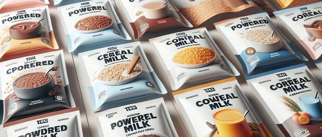powdered cereal milk packages with varied flavors and packaging against a neutral background