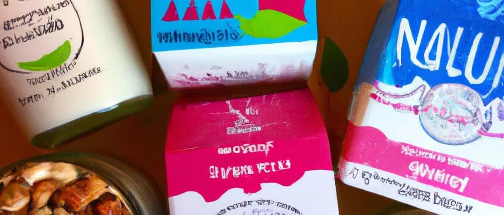 Assorted powdered nut milks in eco-friendly packaging on wooden table