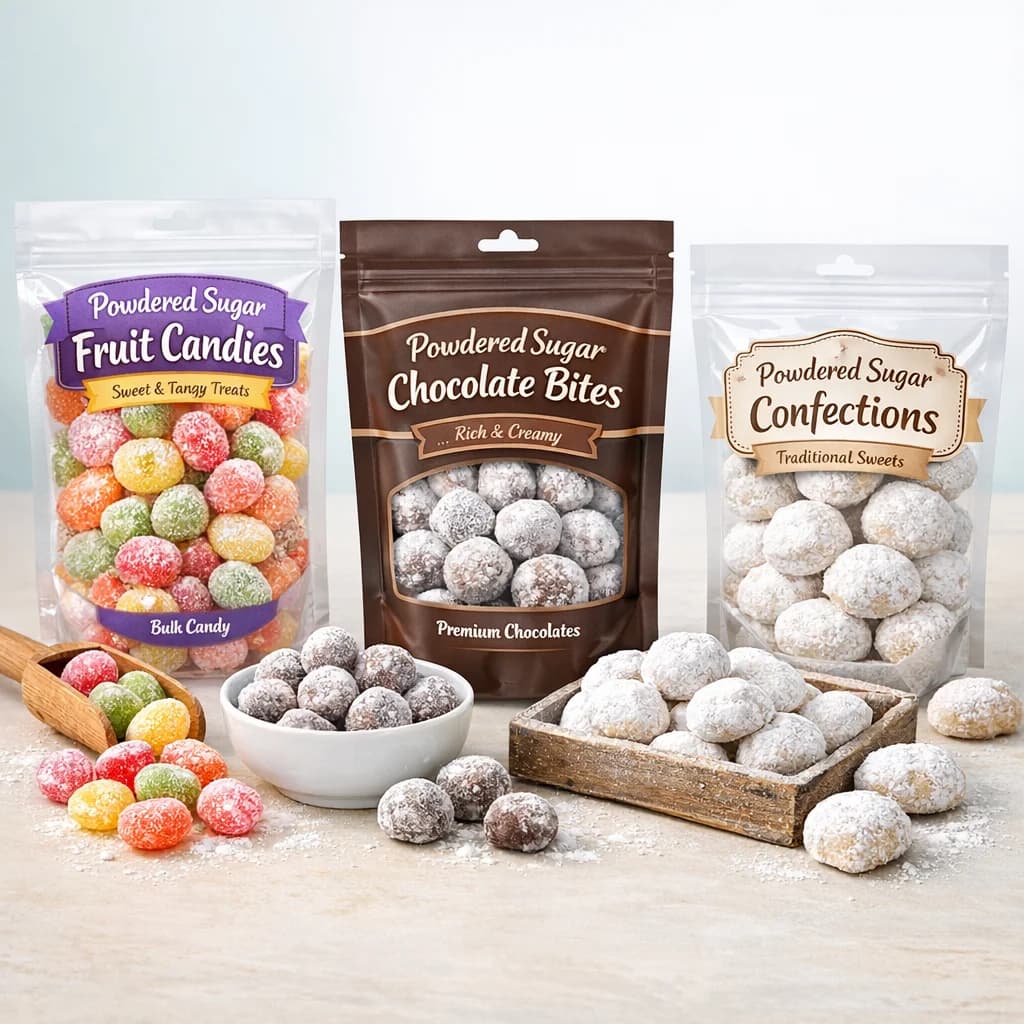 Assorted powdered sugar candy variations on a pastel background with attractive packaging for B2B wholesale and private label options