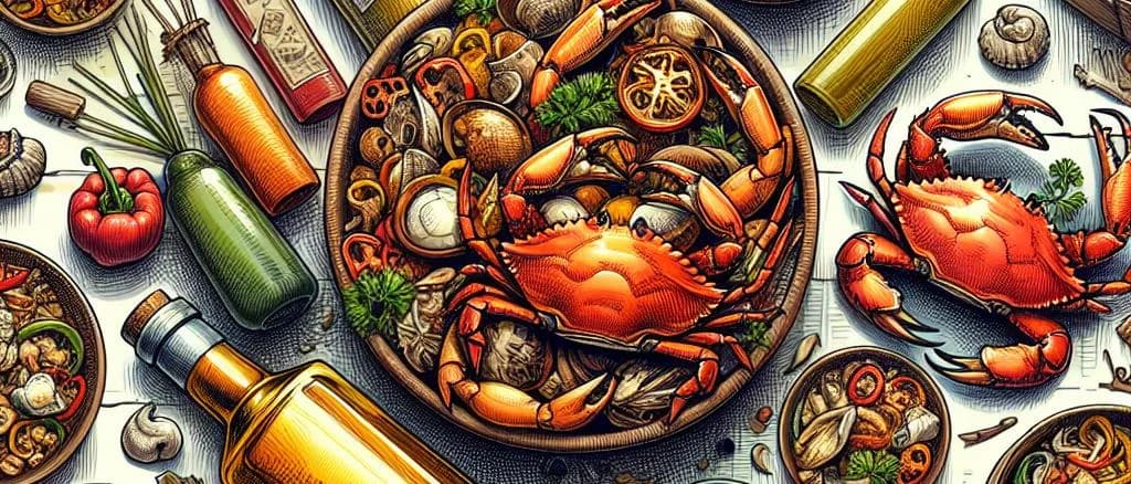 various crab preparations on a wooden table with different packaging