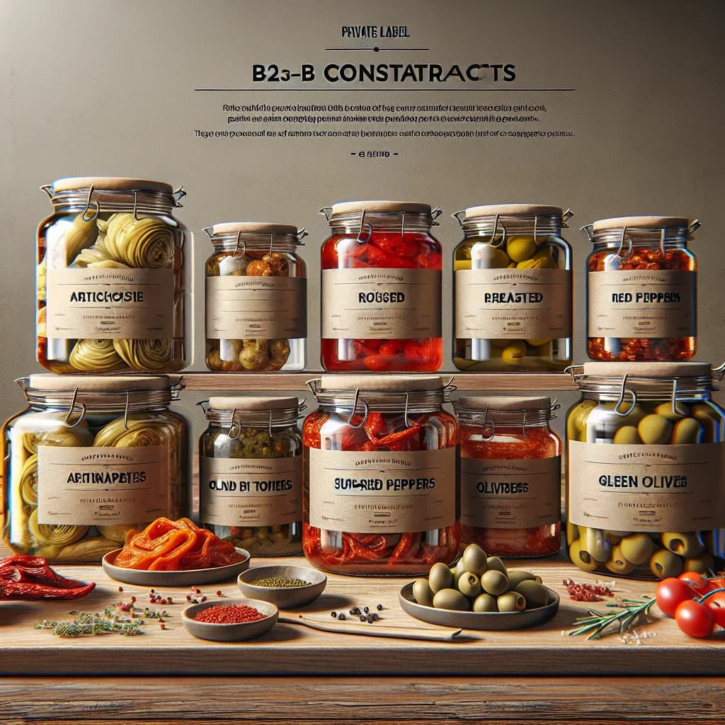 Assorted jars of preserved antipasti on a wooden countertop, featuring artichokes, roasted peppers, sun-dried tomatoes, and olives in olive oil, with rustic packaging suitable for B2B wholesale and private labeling.