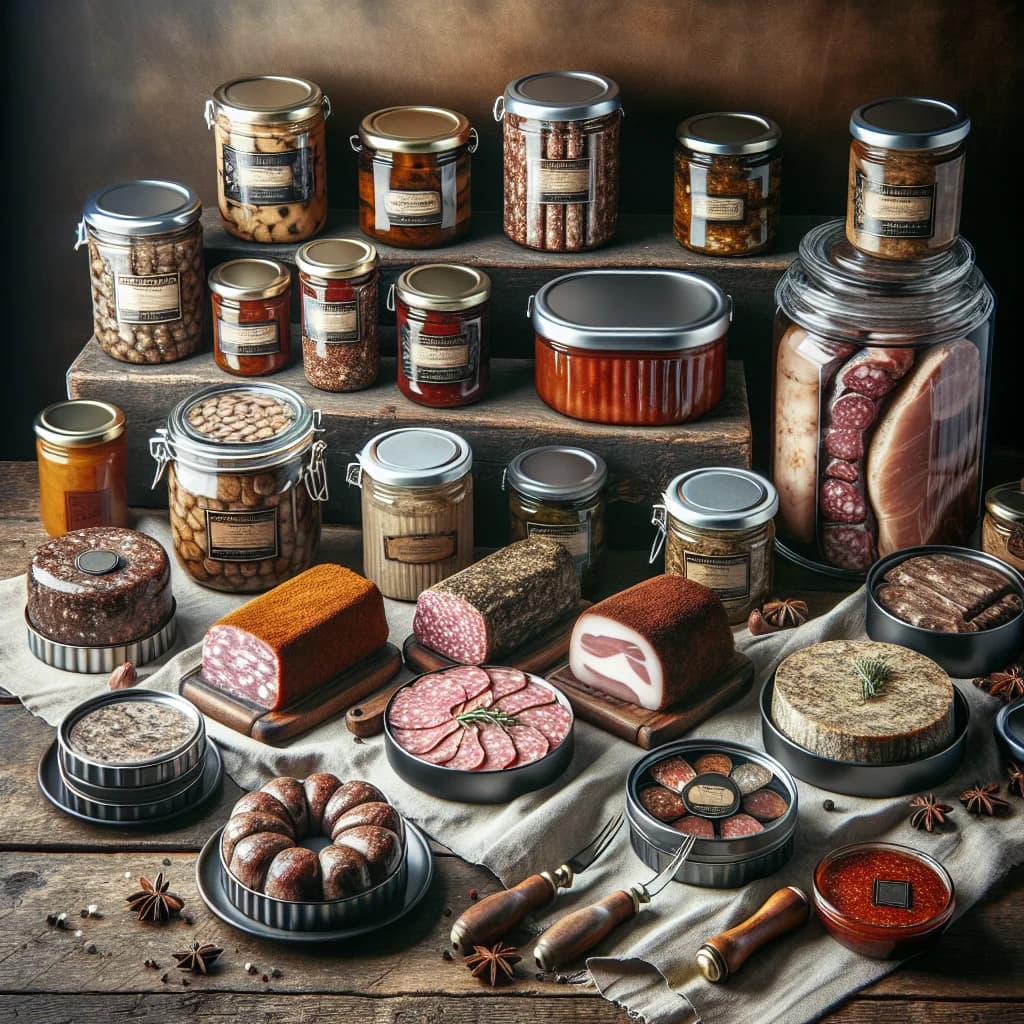 assorted preserves containing meat in glass jars and tin cans with a rustic wooden background, featuring variations of pâté, terrines, and meat spreads for wholesale and private label sourcing