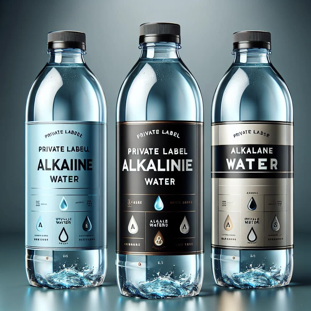 pristine alkaline water bottles with customized labels in different variations on a clean minimalistic backdrop