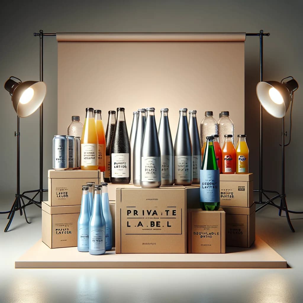 Private label beverage packaging variations for B2B wholesale sourcing, including sparkling water, juices, and energy drinks in eco-friendly and bulk formats.