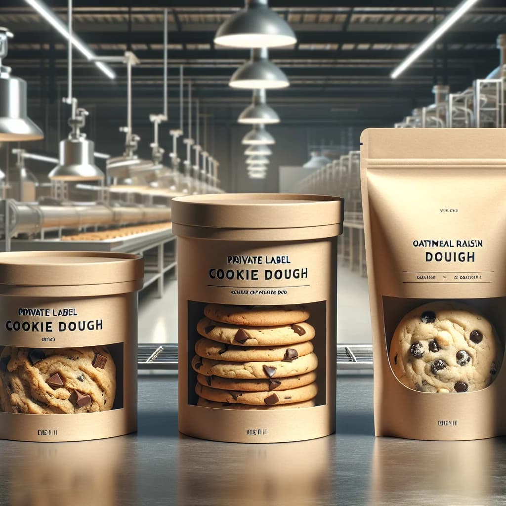 variety of private label cookie dough with premium packaging on a display surface