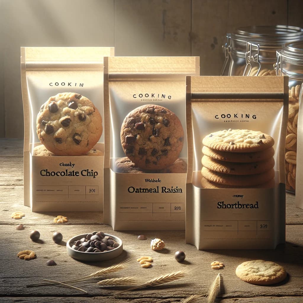 assorted private label cookies in eco-friendly packaging on a rustic wooden background