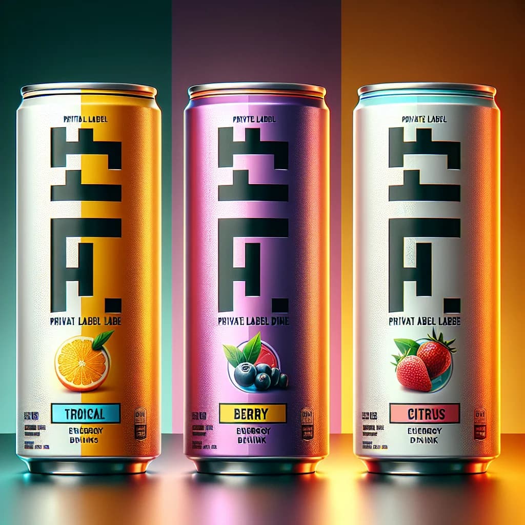 private label energy drink in sleek cans with various flavor options displayed on a clean, modern background