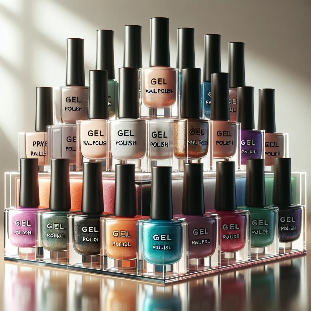 diverse packaging of private label gel nail polish in various colors and finishes